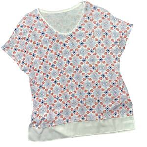 TALBOTS | sz S Women's White/Blue/Orange Medallion Short Sleeve Chiffon Hem Tee